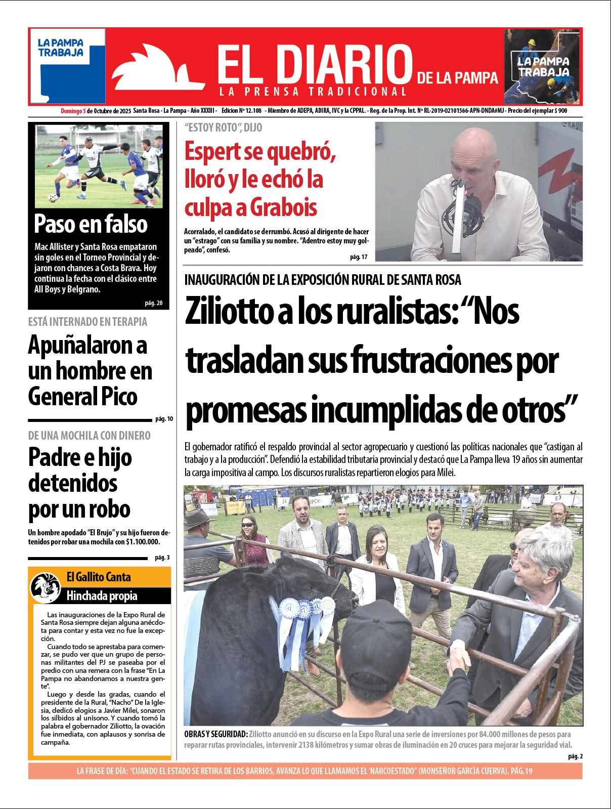 Tapa de El Diario en papel  domingo 05 de octubre de 2025